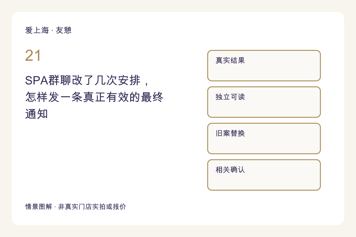SPA群聊改了几次安排,怎样发一条真正有效的最终通知主题图解