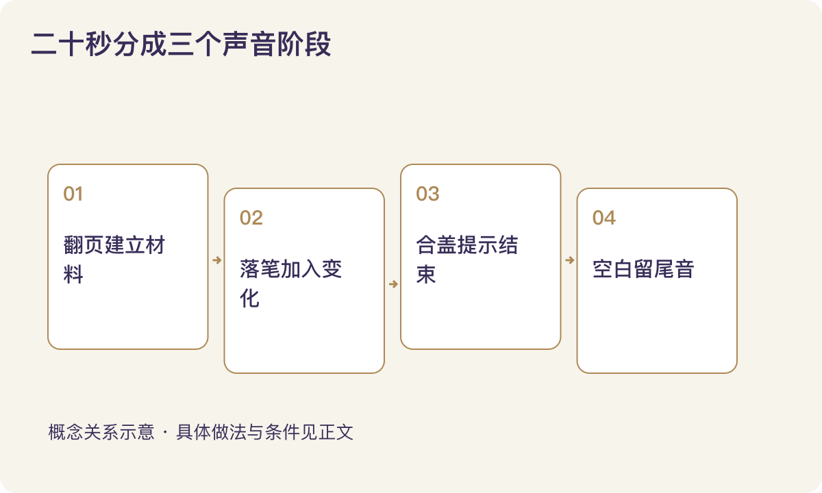 二十秒分成三个声音阶段：翻页建立材料；落笔加入变化；合盖提示结束；空白留尾音