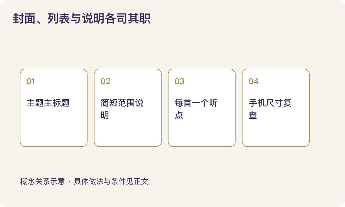 封面、列表与说明各司其职:主题主标题;简短范围说明;每首一个听点;手机尺寸复查