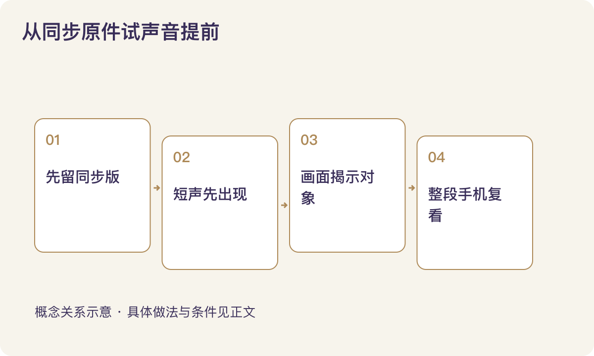 从同步原件试声音提前：先留同步版；短声先出现；画面揭示对象；整段手机复看