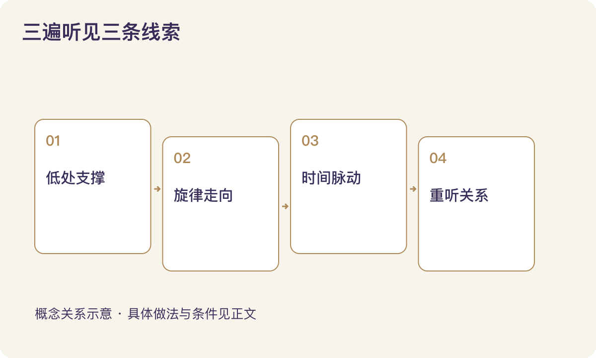 三遍听见三条线索:低处支撑;旋律走向;时间脉动;重听关系